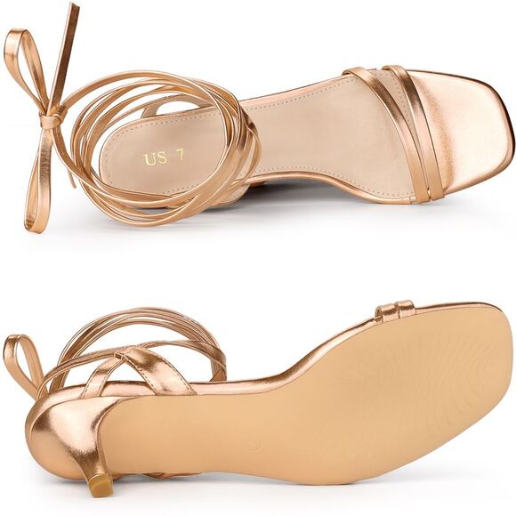 Women's Strappy Lace Up Slingback Kitten Heel Sandals Rose Gold - Picture 4 of 5